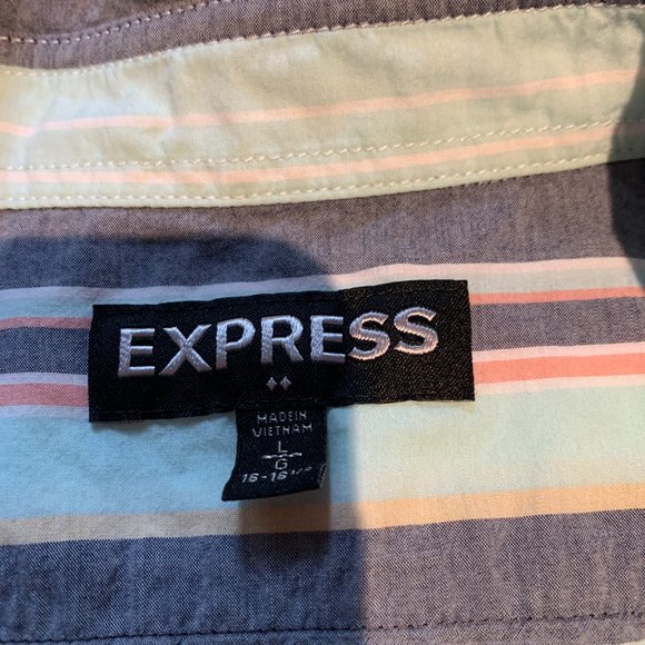 Express Men's Colourful Striped Short Sleeve Collared Shirt Large - Picture 2 of 3